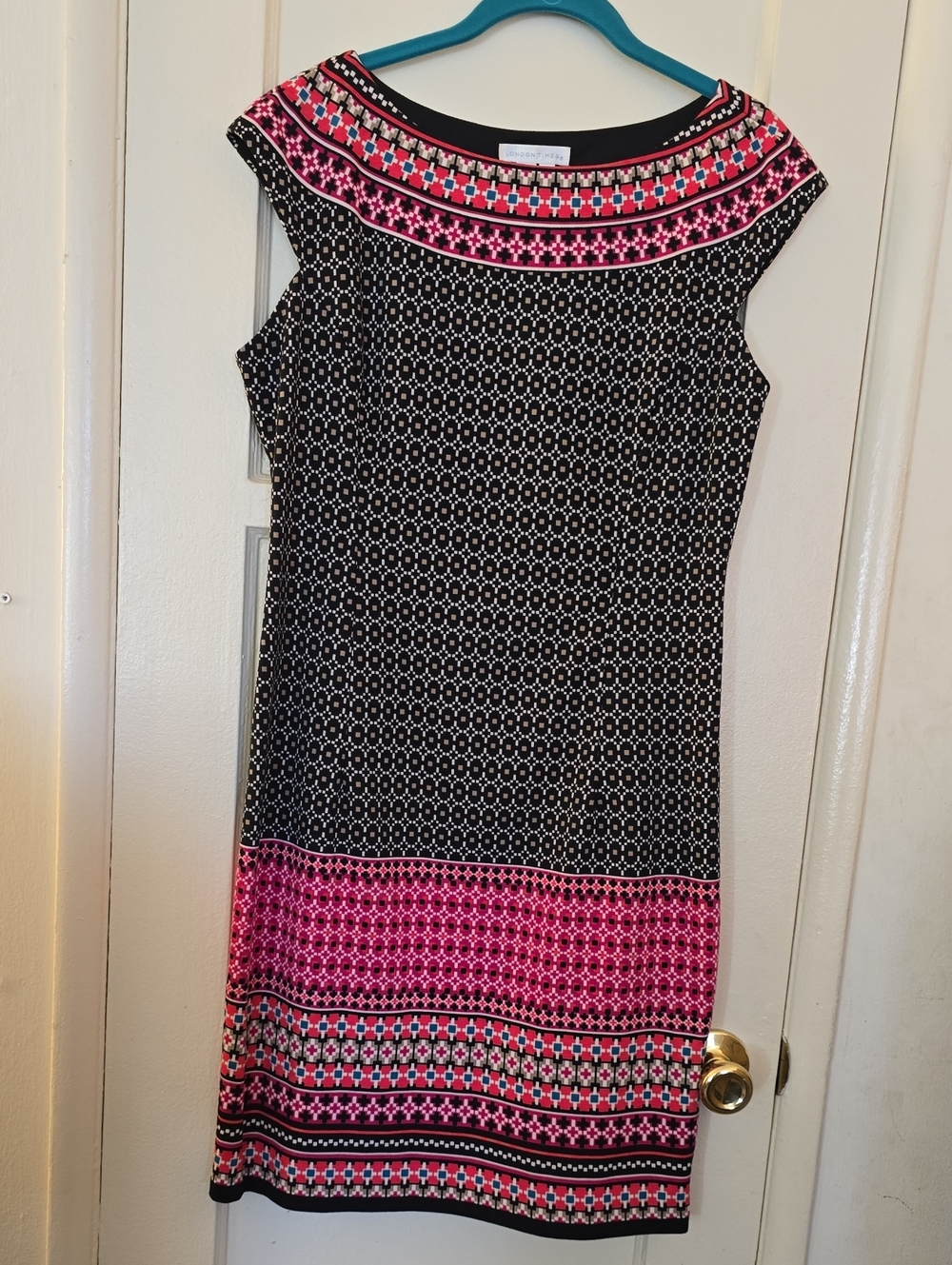 London Times Black Shift Dress with Pink Patterned Accents